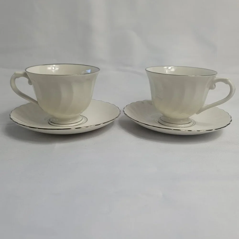 TWO Syracuse China Wedding Ring Cup & Saucer Sets White with Platinum Trim